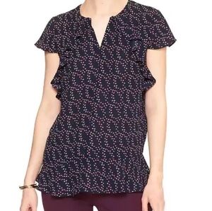 Banana Republic Blouse Cap Sleeve Flowy Ruffle Black Red Size L